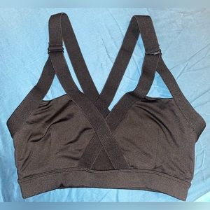 Black Criss Cross Sports Bra, Black, Open X in front center. Estimated Size S/M